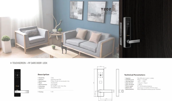 Khoá mã số, thẻ từ T202-CP thân Inox 304 Full kính cường lực